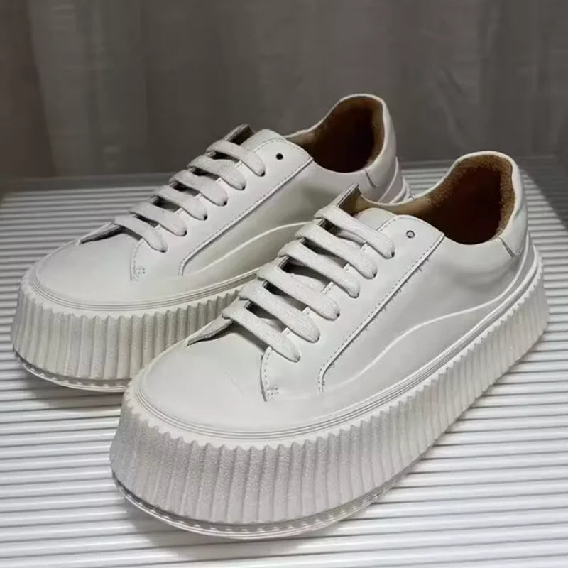 High-End 2024 Spring and Autumn New Thick-Soled Shoes, Jil White Sneakers for Women, Biscuit Shoes, Genuine Leather Height-Increasing Shoes