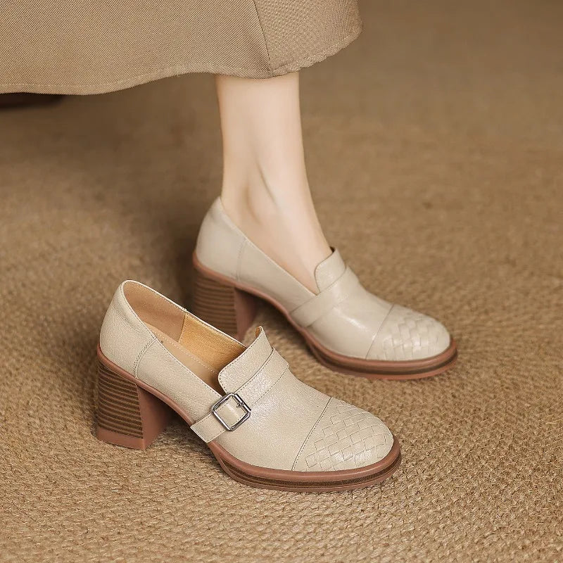 Women Genuine Leather Pumps Solid Color Fashion Simple Elegant All Season Daily Wear High Heels ≥5cm