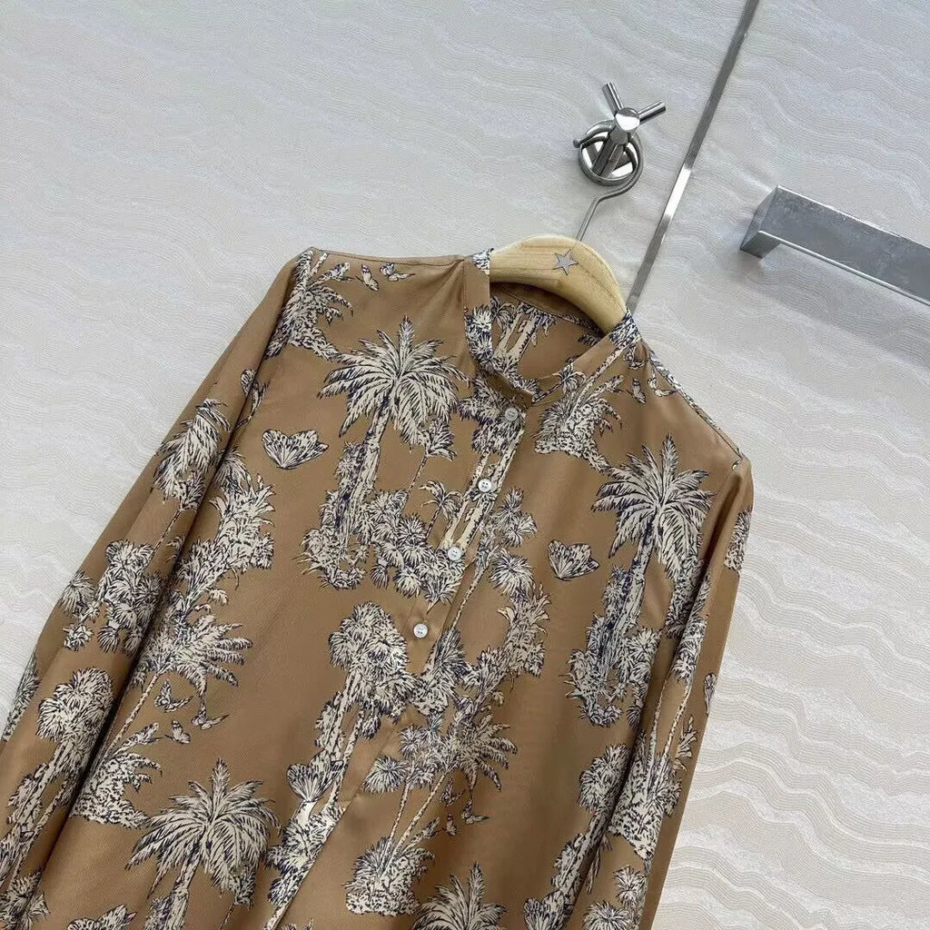 2025 New Autumn Vintage Coconut Tree Print Butterfly 100% Silk Long Shirt Women O-neck Long Sleeve Loose Casual Blouse Tops