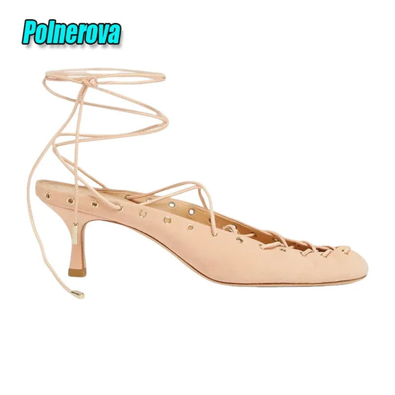 Sexy Cross Strap Women's Sandals Solid Color Round Toe Ankle Lace-up Kitten Heel Pumps Summer Elegant Comfort Casual Flat Shoes