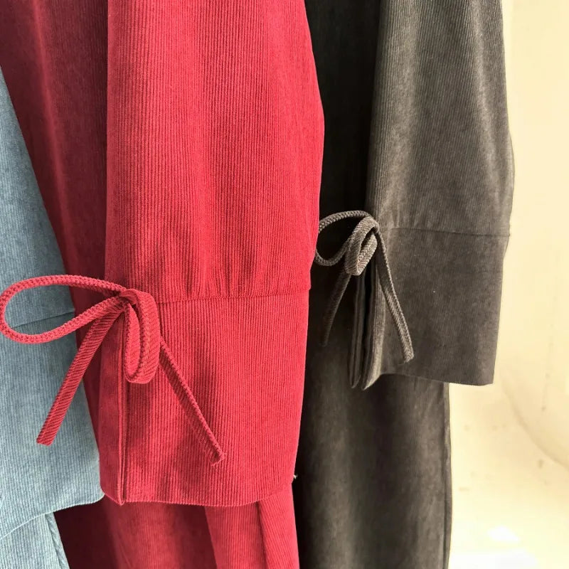 Bowknot Decorations Corduroy Abaya Muslim Women Dress O Neck Side Pockets Warm Loose Modest Islam Hijabi Robe Ramadan Autumn