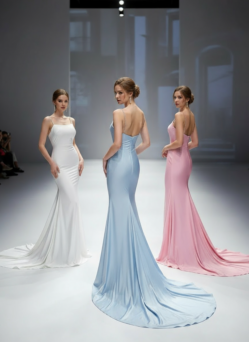 MYMB Blue Elegant Spaghetti Straps Mermaid Satin Girl Princess Dress Pleated Backless Evening Gowns for Wedding Party MC20028