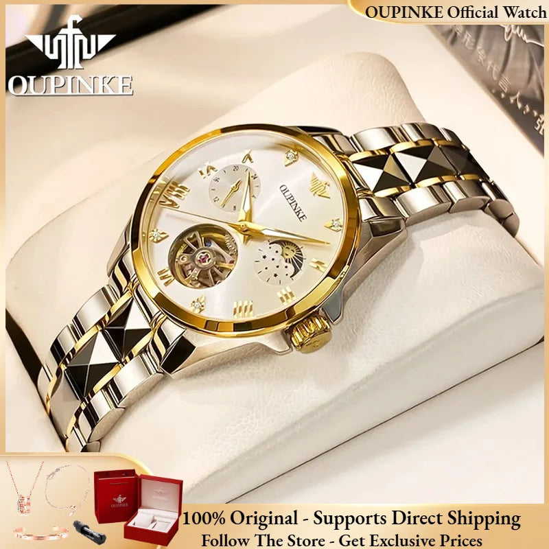 OUPINKE 3202 Women Watch Original Tungsten Steel Moon Phase Waterproof Watch Luxury Swiss Brand Women Automatic Mechanical Watch