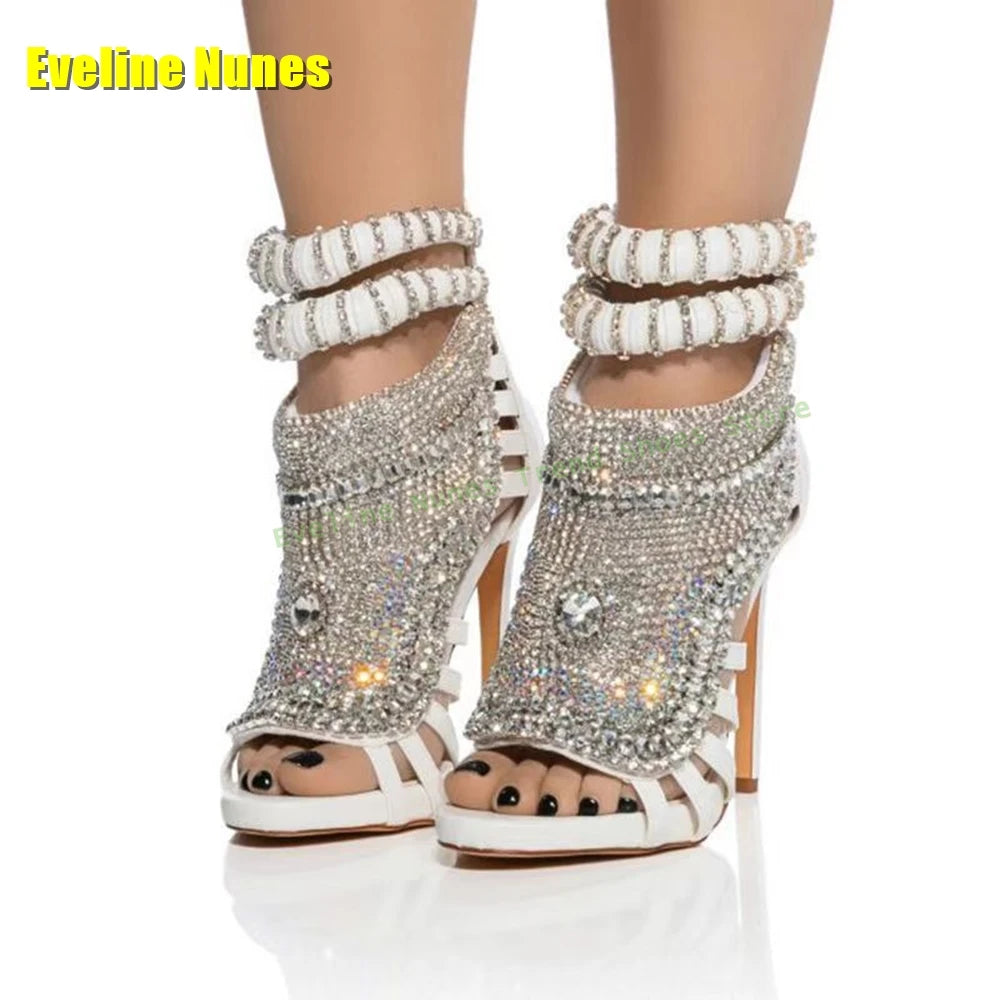 Luxury Blingbling Crystal Stiletto Sandals Open Toe Ankle Strap Patchwork Heavy Work Women Fashion Shoes Street Style Party 2025