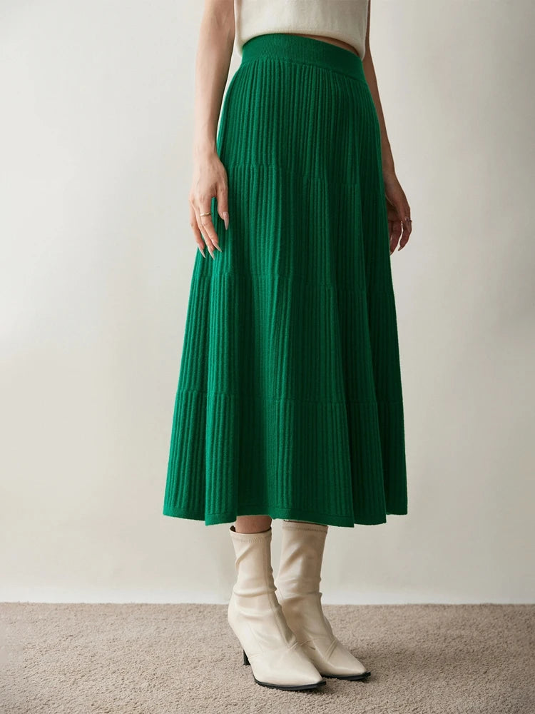 100% Cashmere Knitted Skirt Autumn Winter Women Elegant Tiered Pleats Slim A-line High Waisted Soild Office Lady Dress High-end