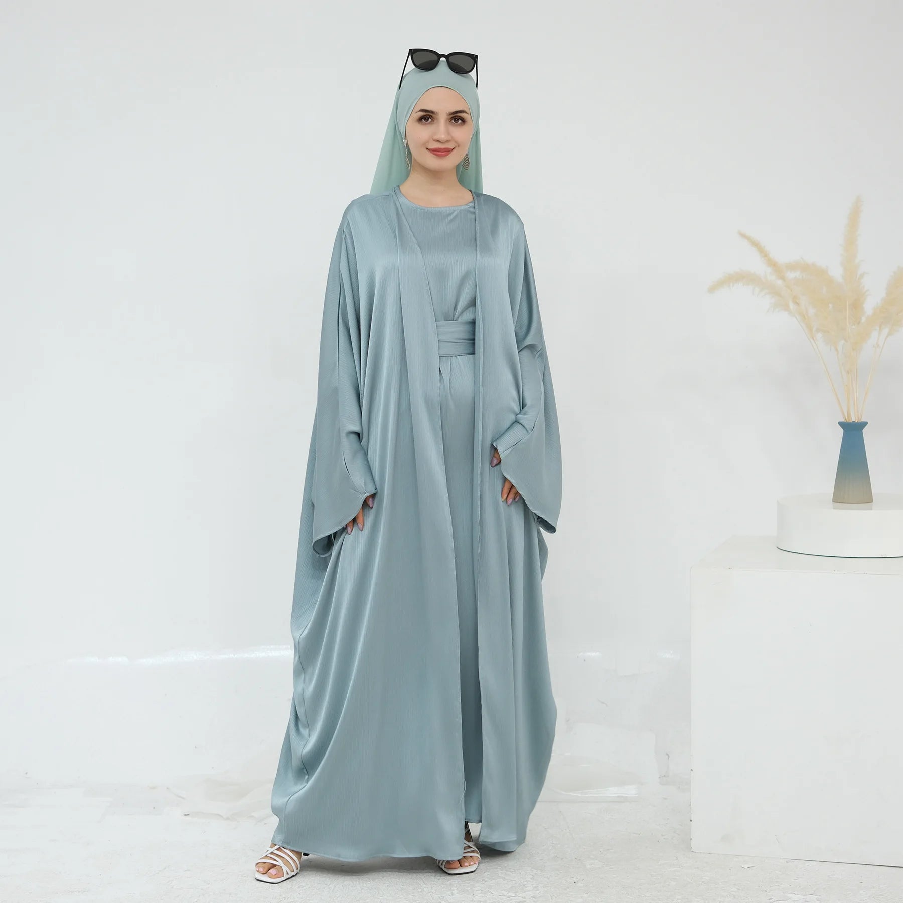 Ramadan Muslim Women 2 Piece Set Party Dresses Abaya Eid Jalabiya Sashes Morocco Dubai Kaftan Cardigan Robe Kimono Kebaya Caftan