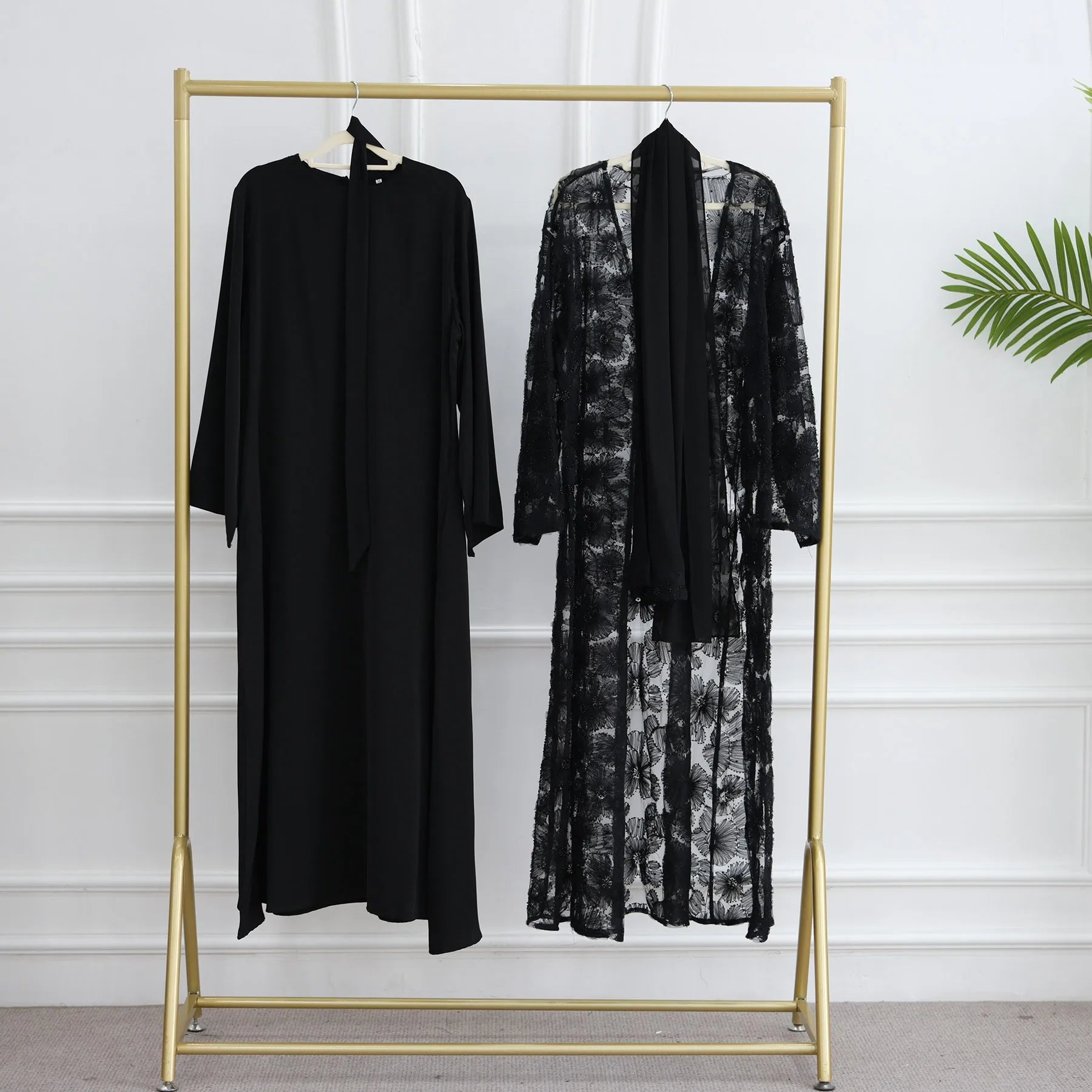 Luxury Dubai Lace Beads Cardigan Muslim Sets Women Hijab Abaya Kimono Jalabiya Ramadan Turkey Kaftan Robe Islam Clothing Caftan