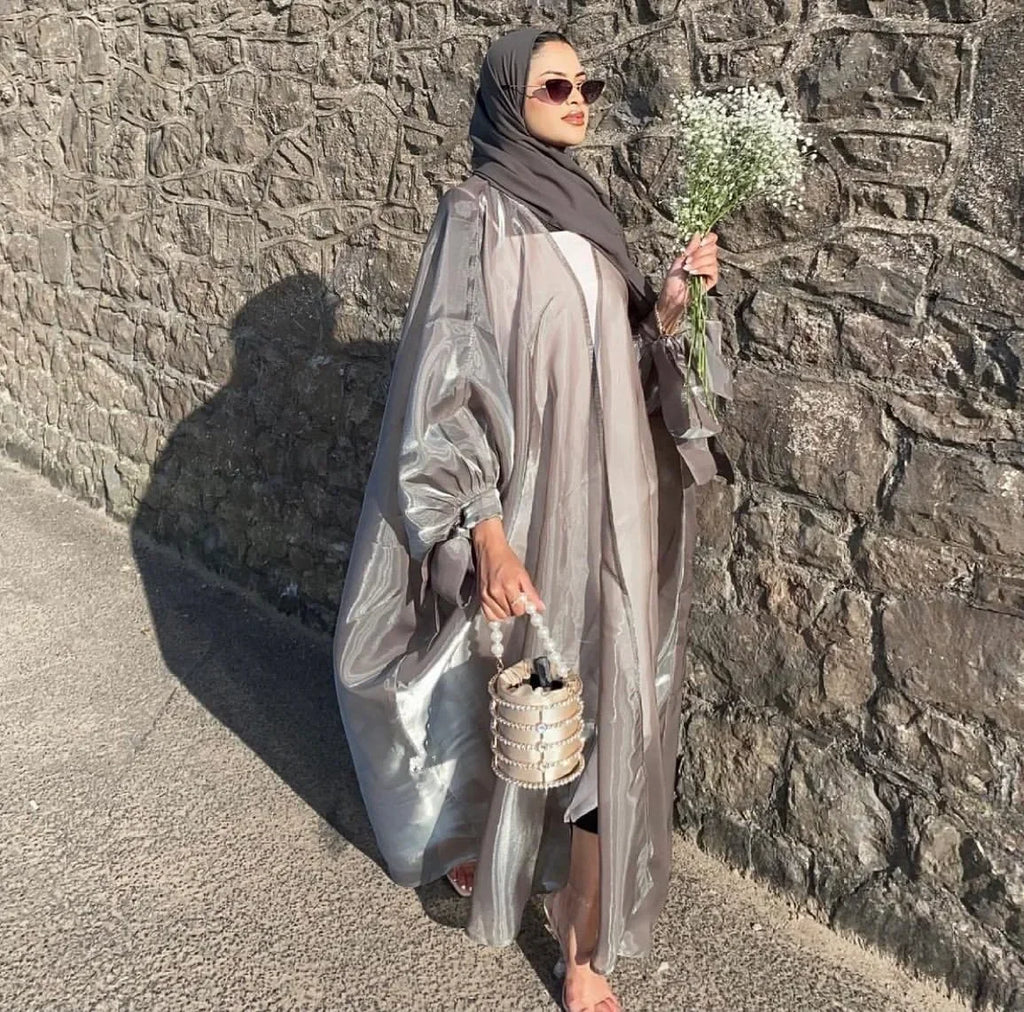 2025 Eid Abaya Dubai Puff Sleeves Muslim Dress Silky Turkey Kaftans for WomenRobe Kimono Islam Abayas Femme Musulmane African