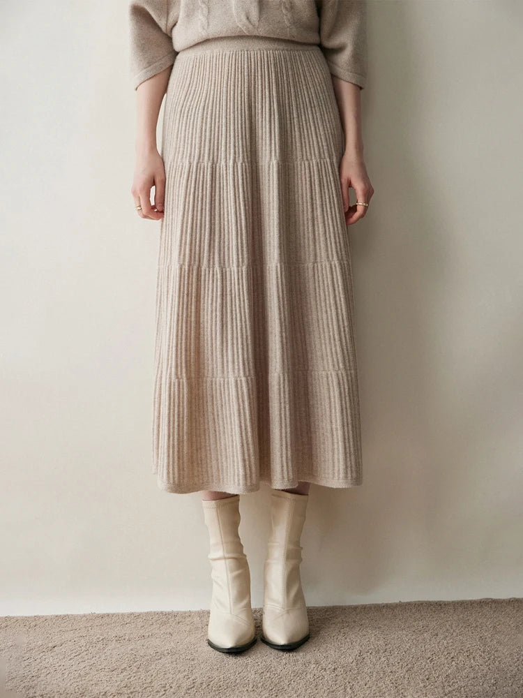 100% Cashmere Knitted Skirt Autumn Winter Women Elegant Tiered Pleats Slim A-line High Waisted Soild Office Lady Dress High-end