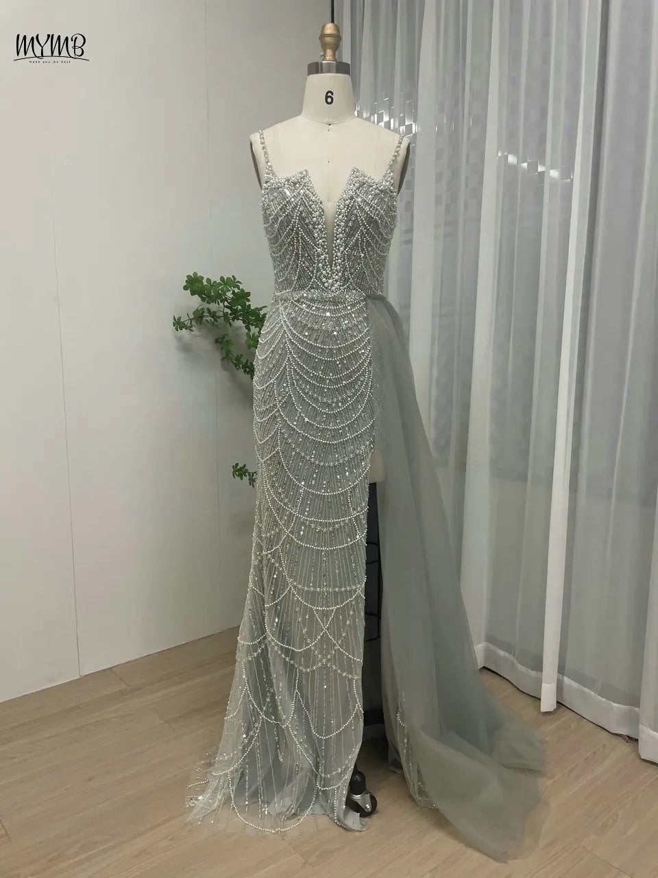 MYMB Pink Stunning Spaghetti Strap Side Split Evening Gowns for Women Party New Arrival Trendy Mermaid Tulle Beaded Evening Gown