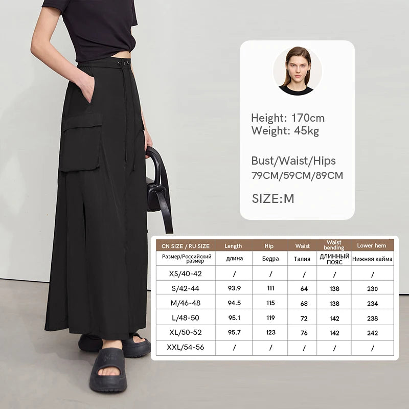 AMII Vacation Long Skirt 2025 Summer Women Loose Sun Protection Office Lady Solid Pockets Elastic Waist Cord Slit Skirt 12542106