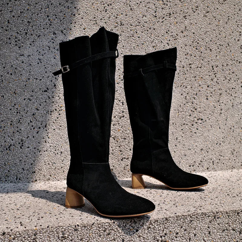 Women's Suede Over The Knee Boots Buckle Strap Design Chunky Heel Elegant Boot Chunky Heel Autumn Casual Ladies Retro Botas