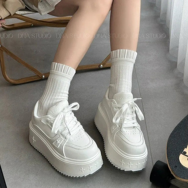 2025  Lightweight Sports  Genuine Leather Thick Bottom Women's Super High Heel Bread Shoes Versatile Height Casual Board Shoes