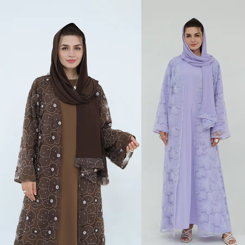 Luxury Dubai Lace Beads Cardigan Muslim Sets Women Hijab Abaya Kimono Jalabiya Ramadan Turkey Kaftan Robe Islam Clothing Caftan