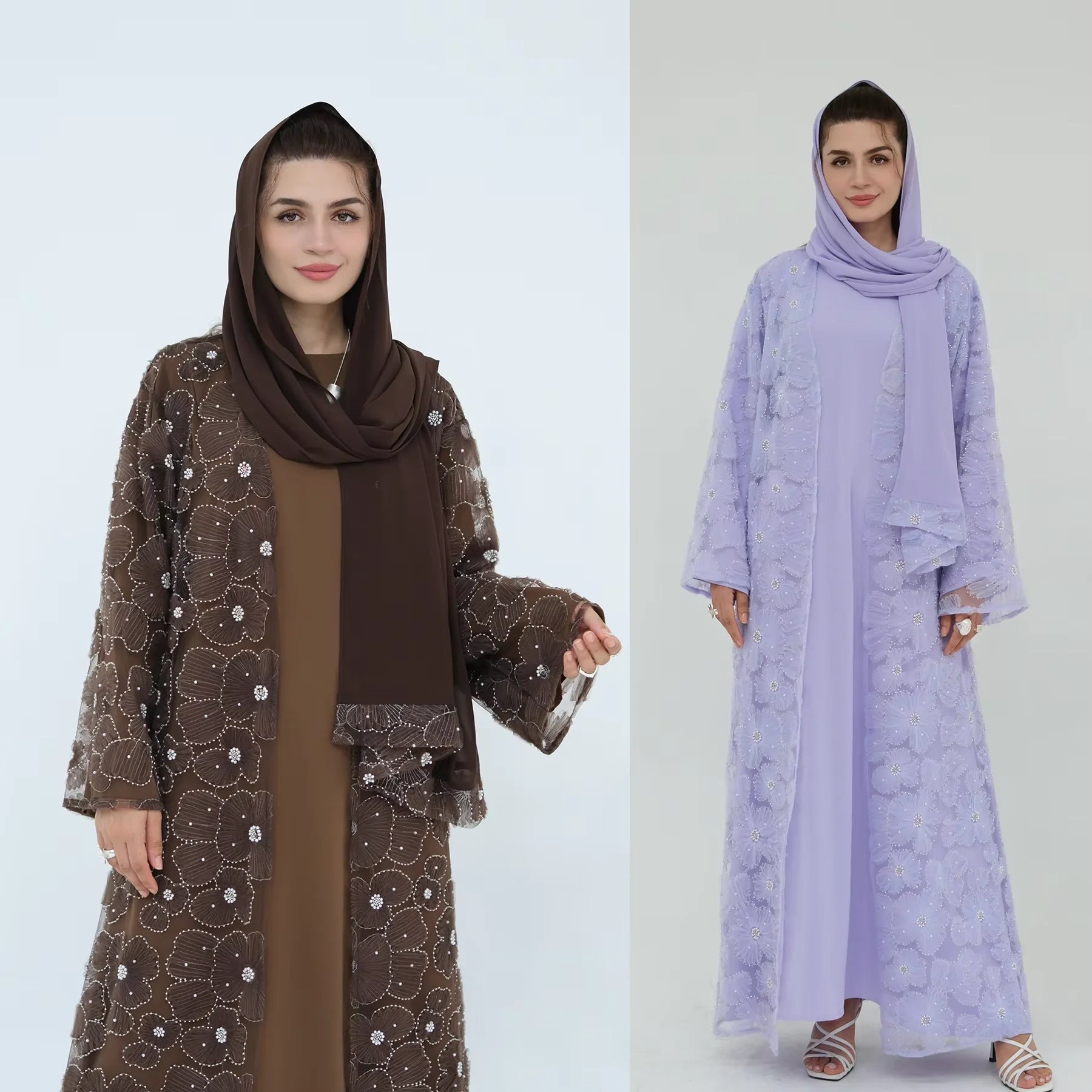 Luxury Dubai Lace Beads Cardigan Muslim Sets Women Hijab Abaya Kimono Jalabiya Ramadan Turkey Kaftan Robe Islam Clothing Caftan