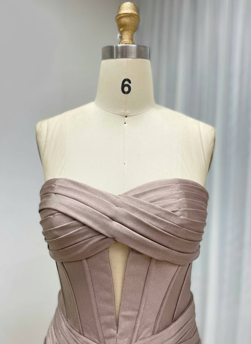 MYMB Gorgeous Caramel Strapless Evening Gown with Chic Ruched Details High Slit Flattering Fit Ideal for Prom Weddings MC20074