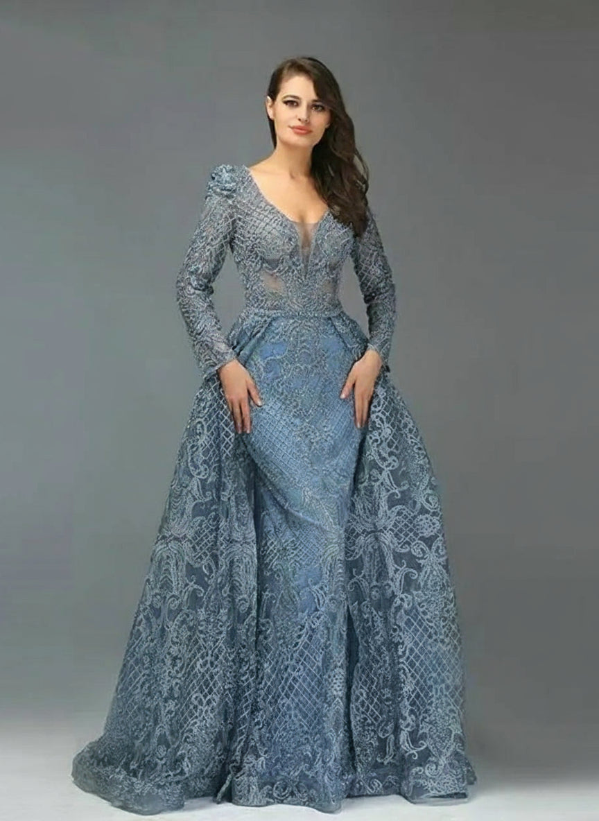 MYMB Blue Elegant Long Sleeves Women Celebrity Dress for Formal Occasions Luxury Arabic V Neck Beading Lace Evening Gowns DKN108