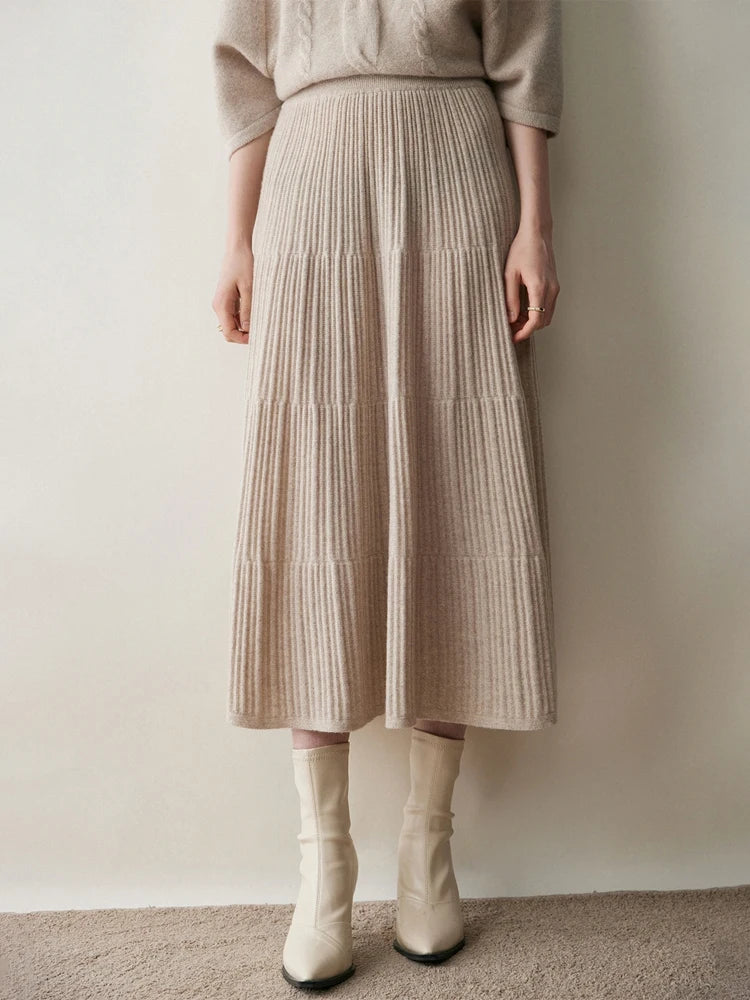100% Cashmere Knitted Skirt Autumn Winter Women Elegant Tiered Pleats Slim A-line High Waisted Soild Office Lady Dress High-end