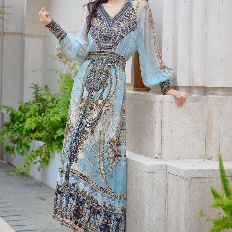 Spring Autumn New V-neck Long Sleeve Fashion Maxi Dress Women High Street Vintage Printing Dresses Elegant All-match Vestidos