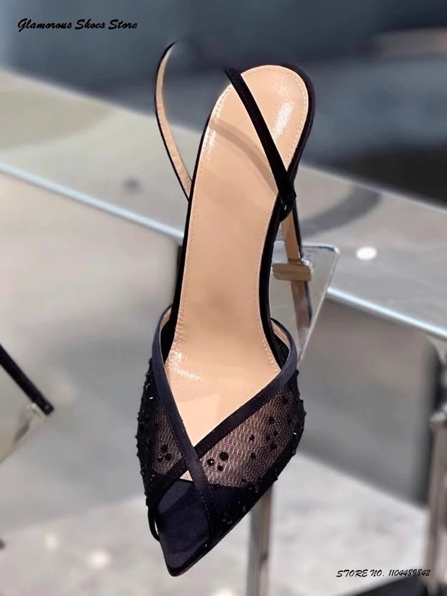 Crystal-embellished Lace Slingback Sandals Women's Pointed Open Toe Thin Heels Party Shoes Summer Fashion Pull On Stilettos