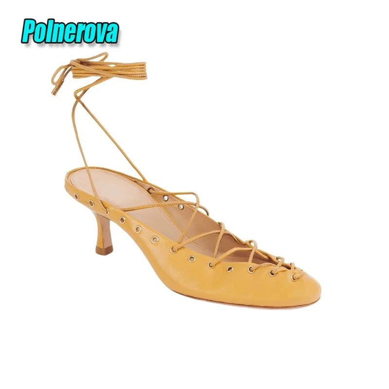Sexy Cross Strap Women's Sandals Solid Color Round Toe Ankle Lace-up Kitten Heel Pumps Summer Elegant Comfort Casual Flat Shoes