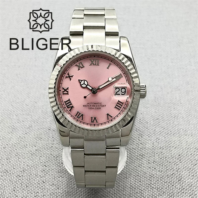 BLIGER 36mm Pink Dial WithDiamond Time Machenical Watch NH35 Automatic Movement Marks Steel Strap Silver Fluted Bezel Waterproof