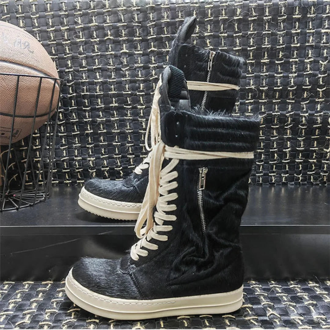 Men Horsehair Boots New Brand Shoes Women Genuine Leather High Top Zip Pockets Lace Up Shoes High Street Vintage Sneakers Unisex