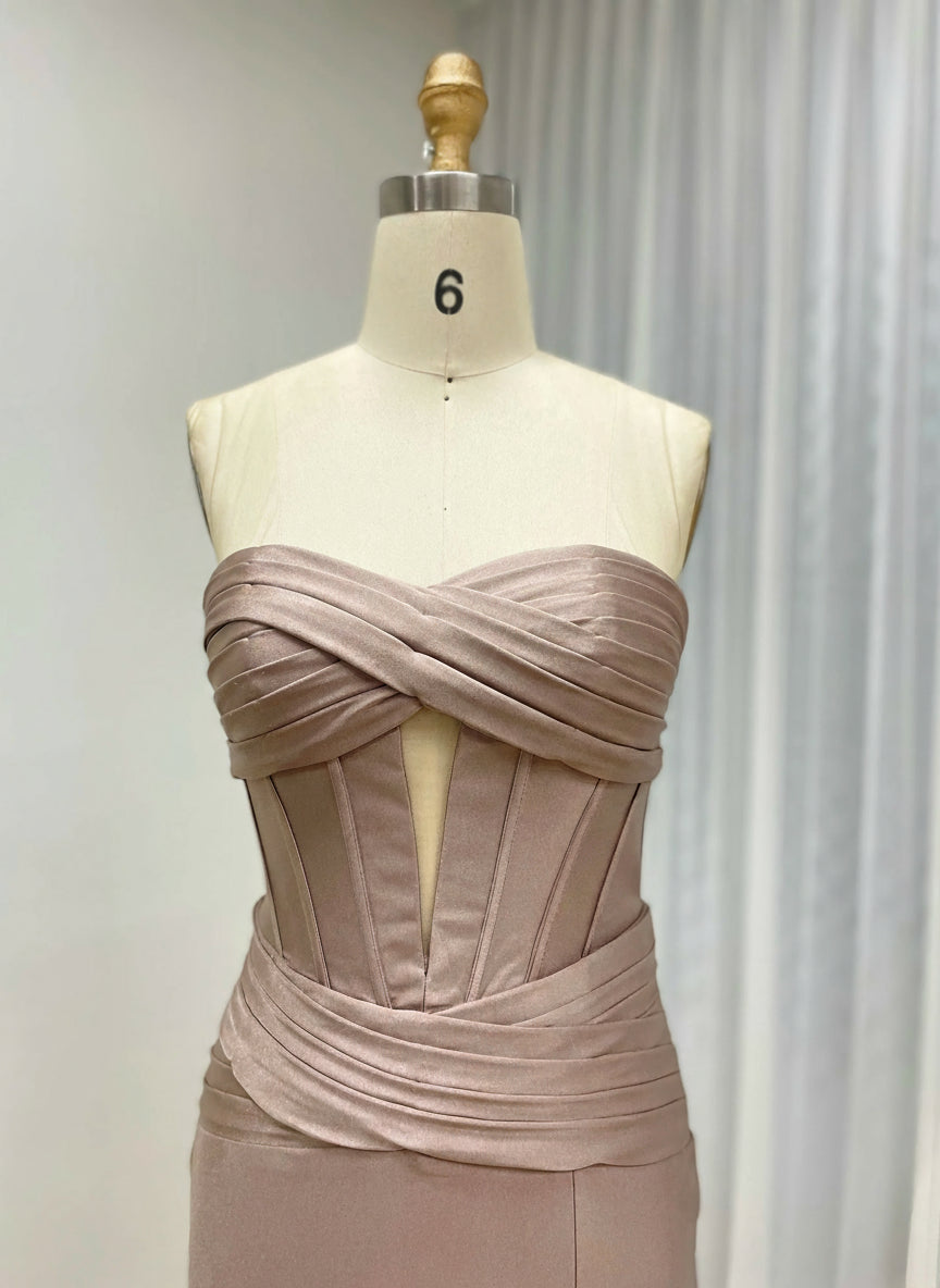 MYMB Gorgeous Caramel Strapless Evening Gown with Chic Ruched Details High Slit Flattering Fit Ideal for Prom Weddings MC20074