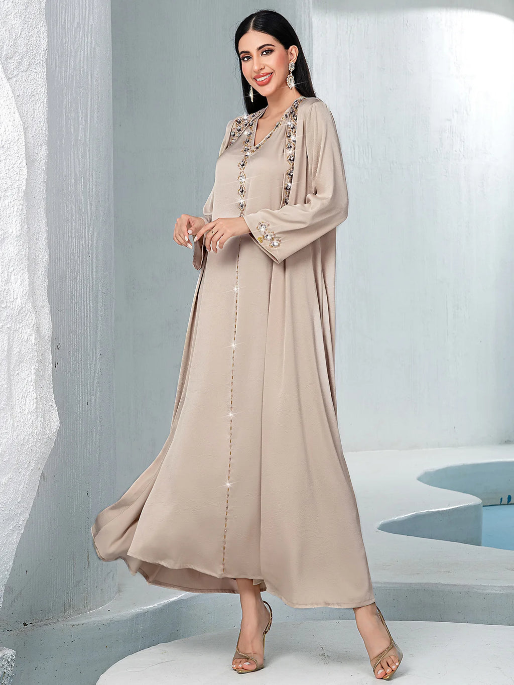Dubai Diamonds Abayas for Women Muslim Dress 2pcs Set Kimono Jalabiya Kebaya Caftan Marocain Femme Robe Islam Clothing Vestidos