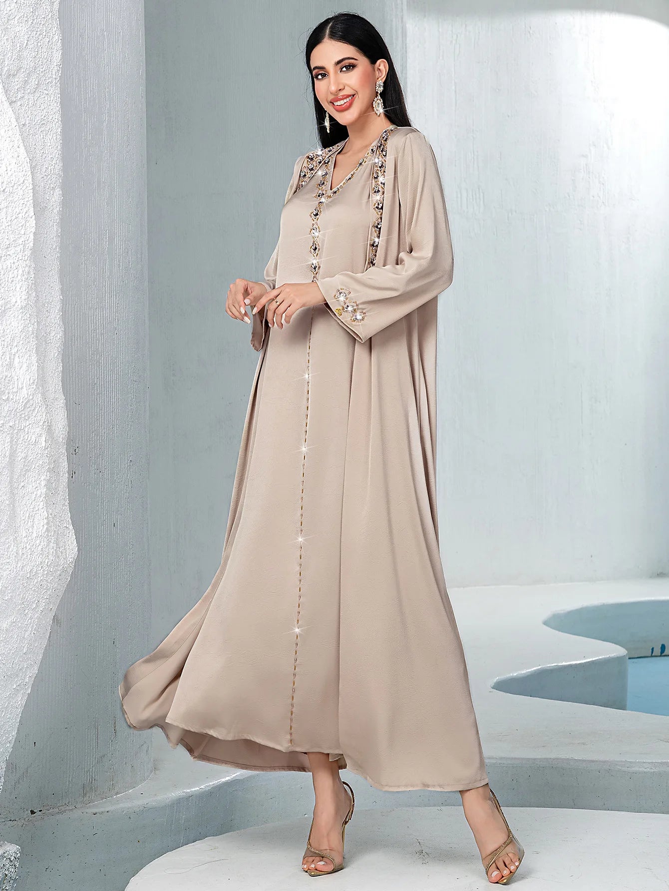 Dubai Diamonds Abayas for Women Muslim Dress 2pcs Set Kimono Jalabiya Kebaya Caftan Marocain Femme Robe Islam Clothing Vestidos