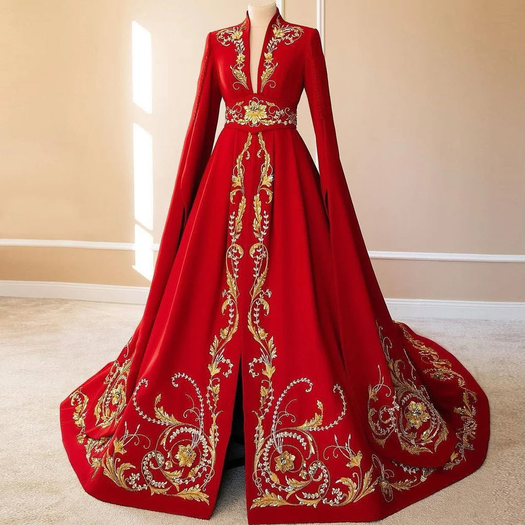 2025 Newest Special Occasion Evening Dress Chinese Style Dress Red V-neck Printed Long Dress Customizable