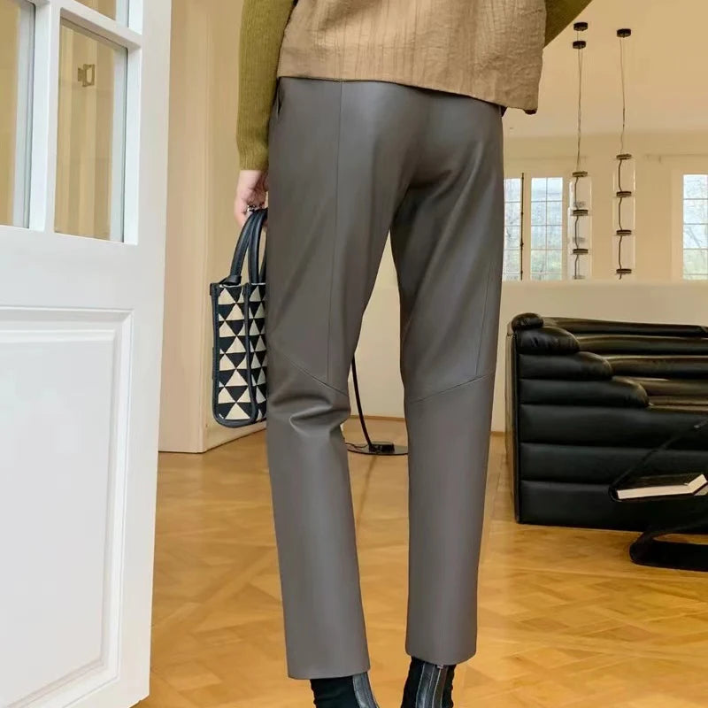 Genuine Leather Pantalon Pour Femme Sheepskin Elastic Waist Drawstring Black/Gray Cropped Trousers Straight Leg Pencil Pants