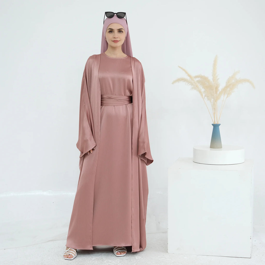 Ramadan Muslim Women 2 Piece Set Party Dresses Abaya Eid Jalabiya Sashes Morocco Dubai Kaftan Cardigan Robe Kimono Kebaya Caftan
