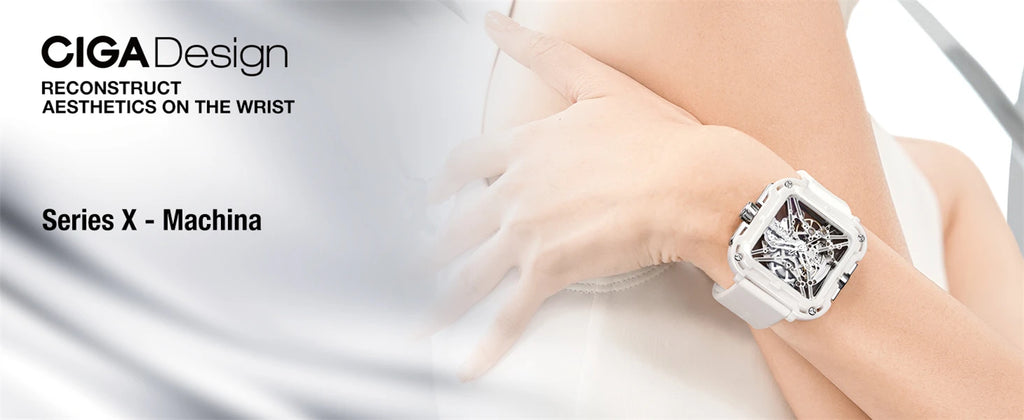 CIGA Design X Series Automatic Movement Couple Watches for Men Women White Ceramic Luminous Skeleton Mechanical Wristwatches