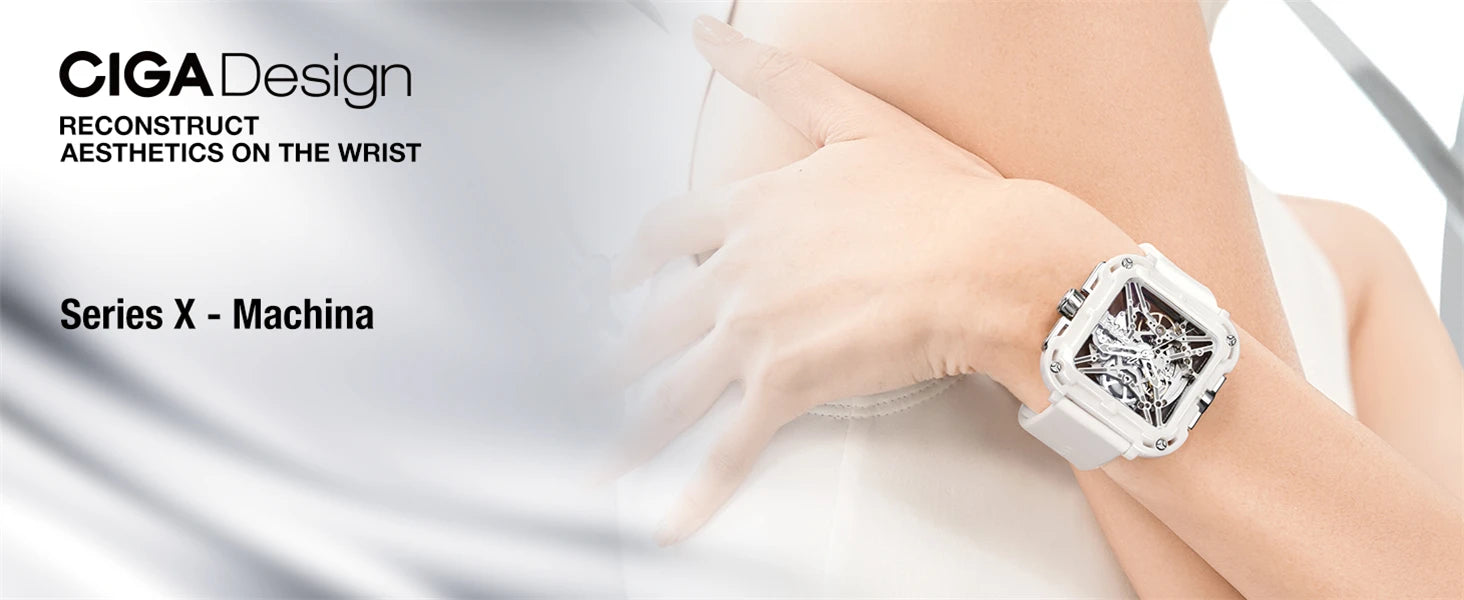 CIGA Design X Series Automatic Movement Couple Watches for Men Women White Ceramic Luminous Skeleton Mechanical Wristwatches