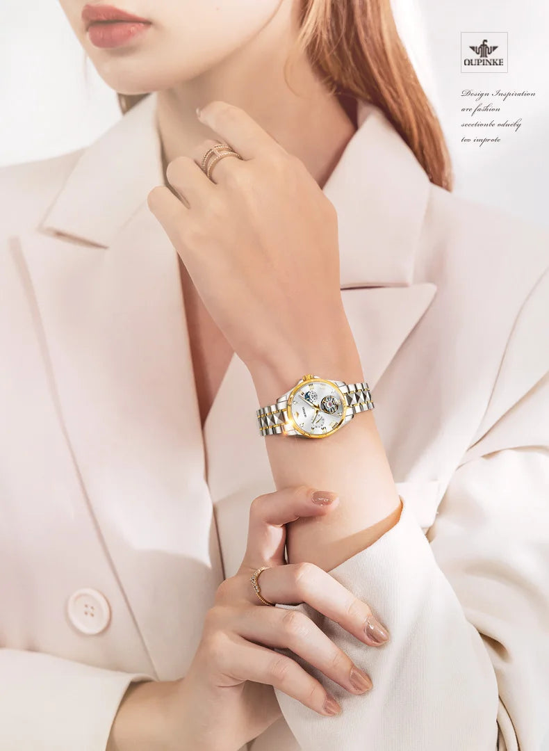 OUPINKE 3202 Women Watch Original Tungsten Steel Moon Phase Waterproof Watch Luxury Swiss Brand Women Automatic Mechanical Watch