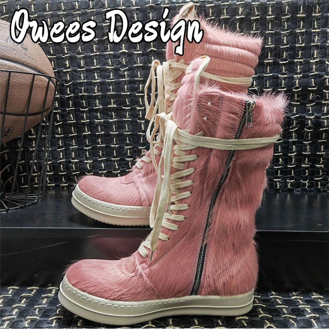 Men Horsehair Boots New Brand Shoes Women Genuine Leather High Top Zip Pockets Lace Up Shoes High Street Vintage Sneakers Unisex