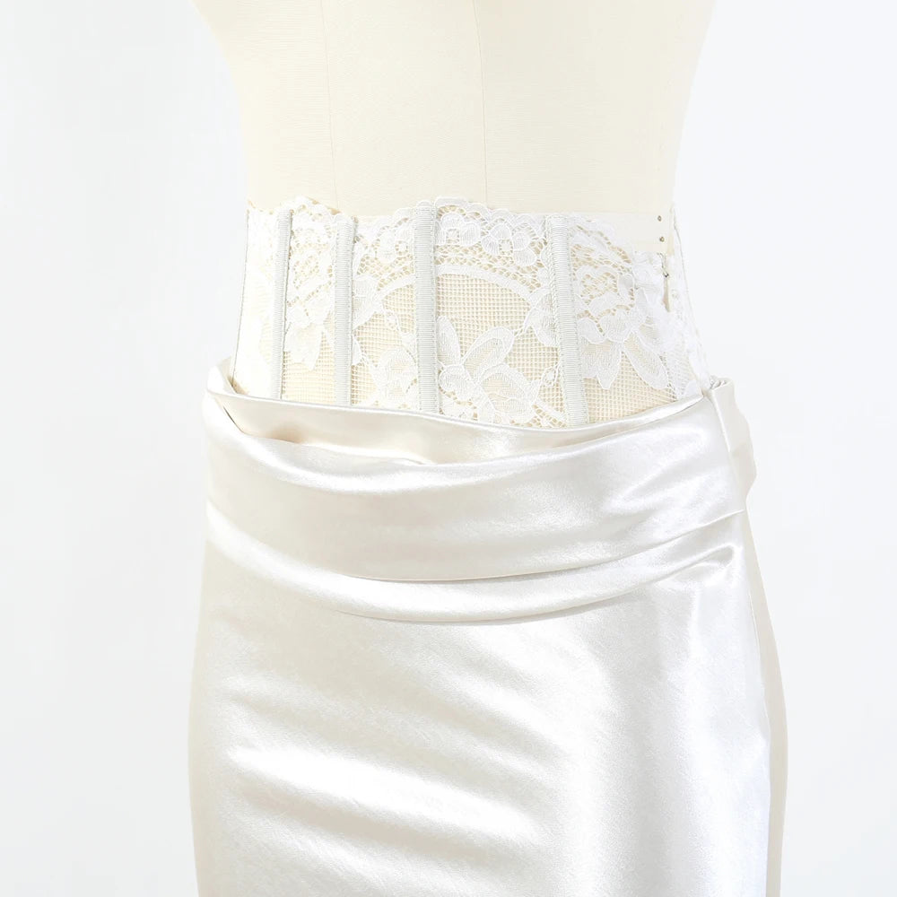 Lace Fishbone Patchwork Skirt for Women Y2k Side Zipper Elegant Slim Fit Business Casual Skirt for Autumn Winter 2025 New