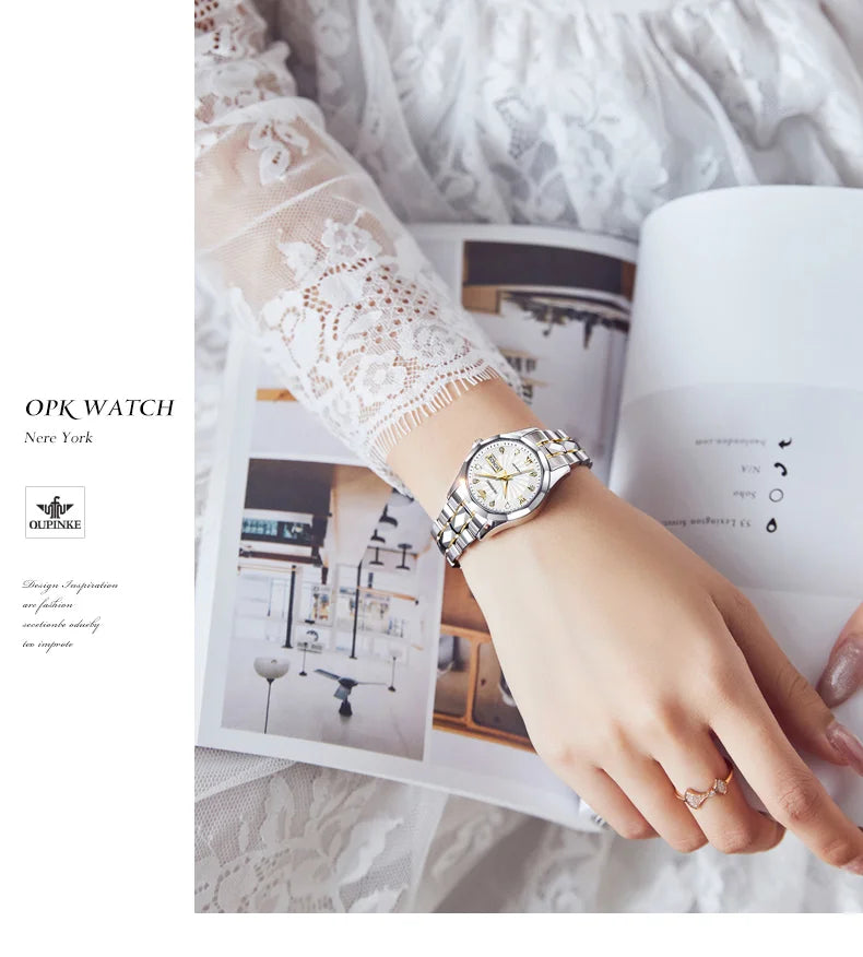 OUPINKE 3169 Women Watch Luxury Elegant Stainless Quartz Wristwatch Waterproof Luminous Ladies Date Fashion Watch Dual Calendar