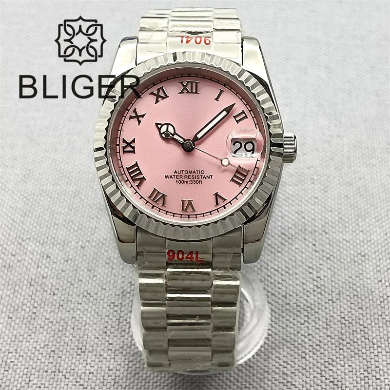 BLIGER 36mm Pink Dial WithDiamond Time Machenical Watch NH35 Automatic Movement Marks Steel Strap Silver Fluted Bezel Waterproof