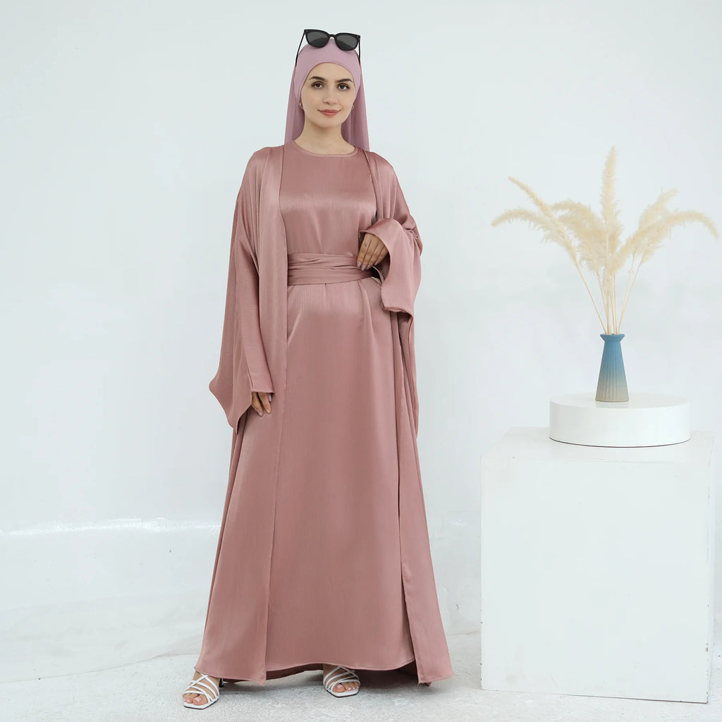 Ramadan Muslim Women 2 Piece Set Party Dresses Abaya Eid Jalabiya Sashes Morocco Dubai Kaftan Cardigan Robe Kimono Kebaya Caftan