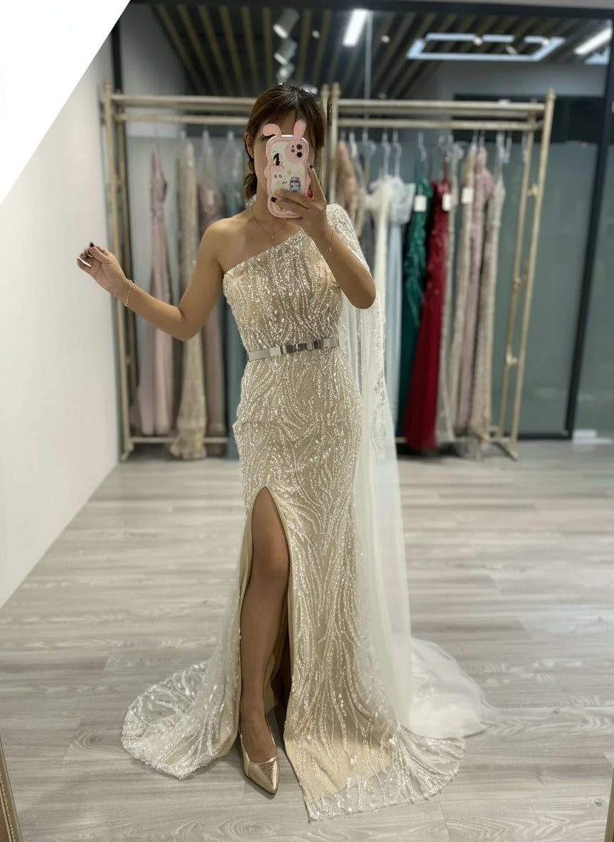 MYMB Champagne Amazing Beaded One Shoulder Mermaid Formal Occasion Dresses Sexy Cape Sleeve Evening Gowns with Side Split Y30023