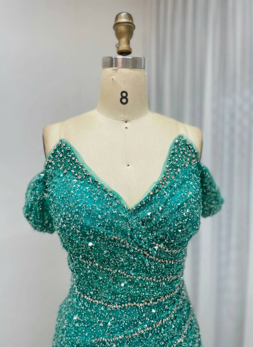 MYMB Fashion Sparkly Luxury V Neck Off Shoulder Green Beaded Sequins Mermaid Prom Party Evening Dresses Gowns for Women MY30185