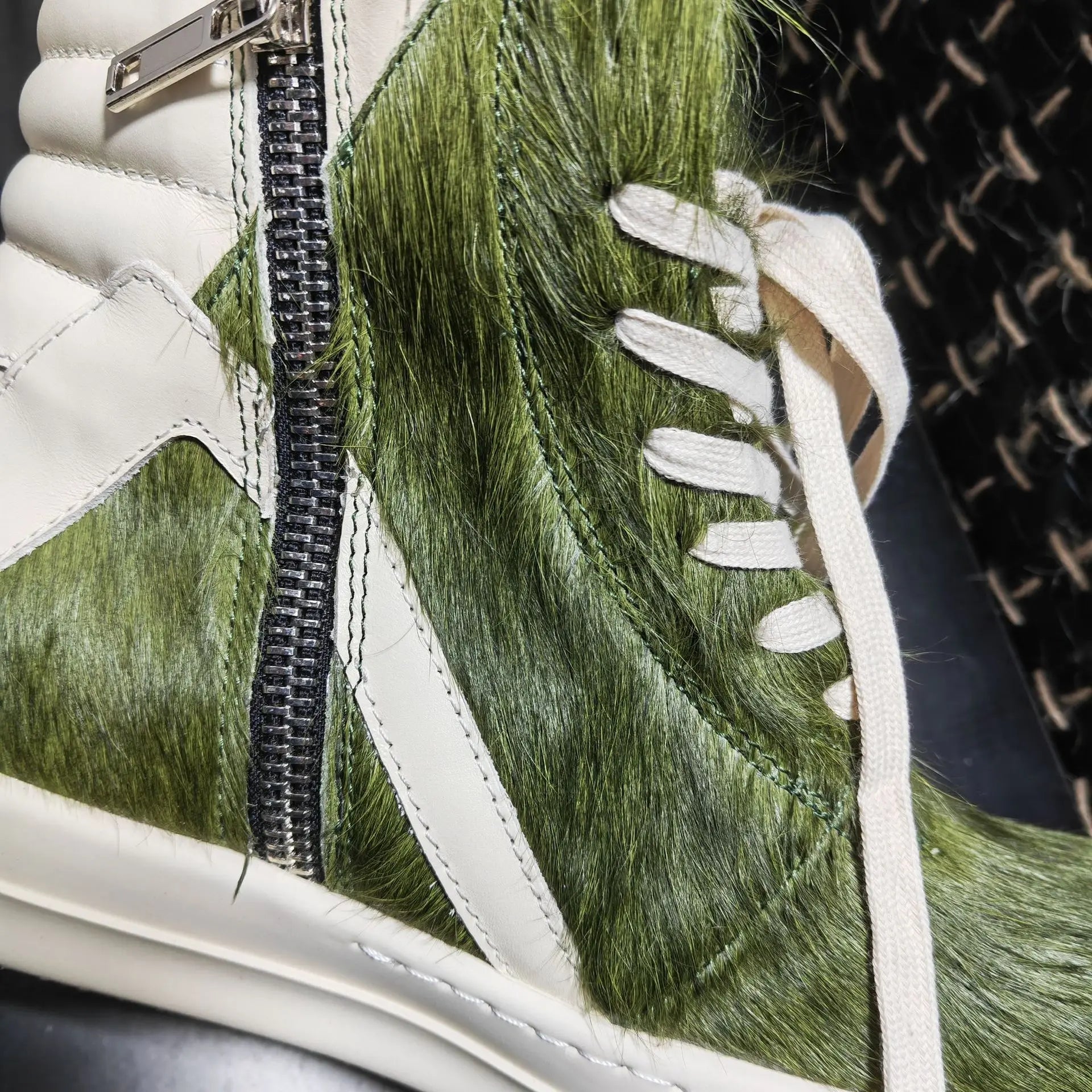 Men Boots For Women Green Horsehair Genuine Leather High Top Zip Lace Up Shoes Owens High Street Vintage Luxury Sneakers