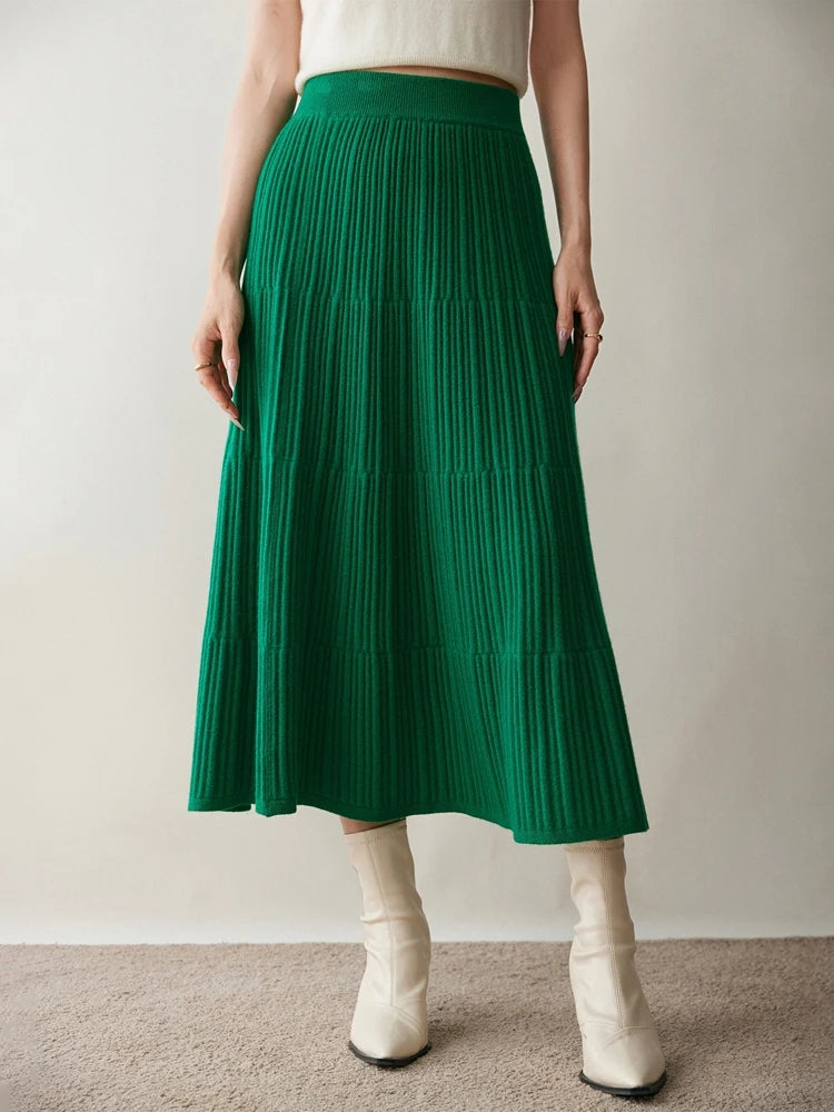 100% Cashmere Knitted Skirt Autumn Winter Women Elegant Tiered Pleats Slim A-line High Waisted Soild Office Lady Dress High-end
