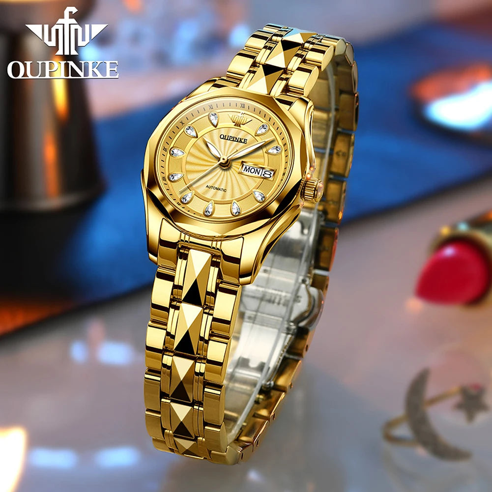 OUPINKE 3172 Fashion Simple Women Watch Gold Luxury Automatic Movement Mechanical Watch Business Calendar Elegant Women Watch