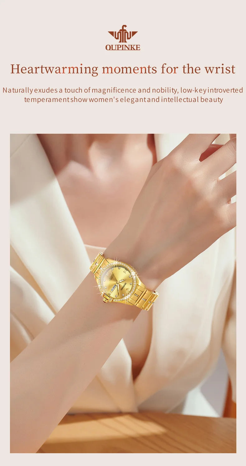 OUPINKE 3195 Japan Imported Automatic Movement Mechanical Watch for Women Diamond Ladies Watch Waterproof Dual Calendar Watch
