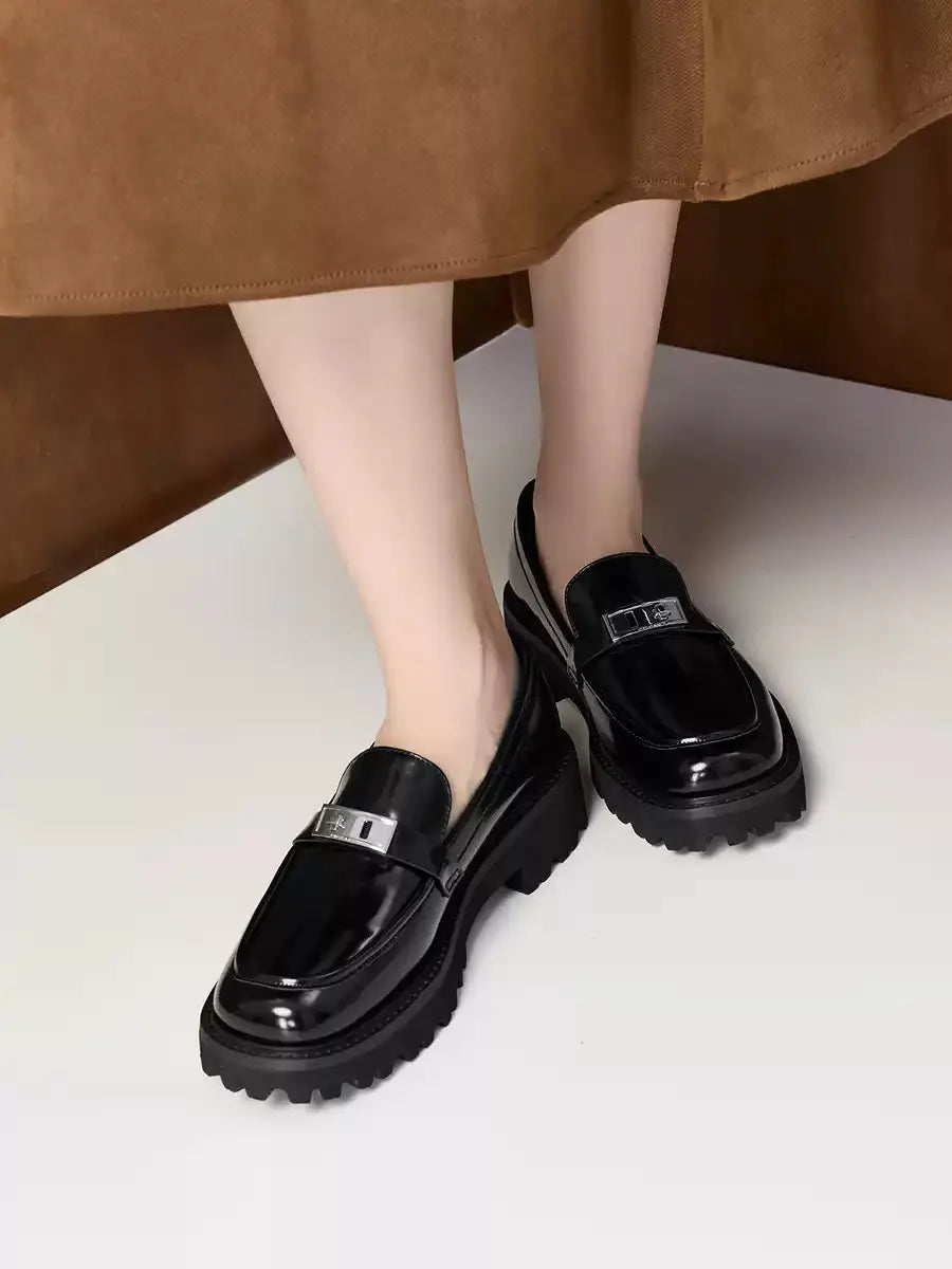FWRD Women's Retro Chunky-Heel Metal-Buckle Patent Leather Loafers, Comfortable Shoes for Daily & Office Wear #FWRD000242