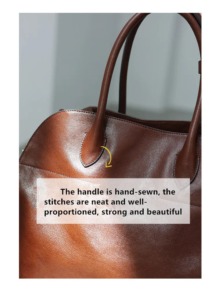 Women's Genuine Leather Large Capacity Tote Bag Female Retro Luxury Briefcase Vintage Cowhide Shoulder Handbag