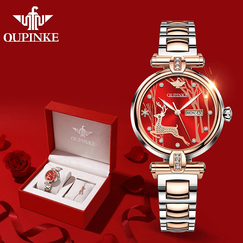 OUPINKE 3180 Luxury Brand Women Watch Original Automatic Mechanical Watch Calendar Elegant Women Dress Bracelet Watch Gift Box